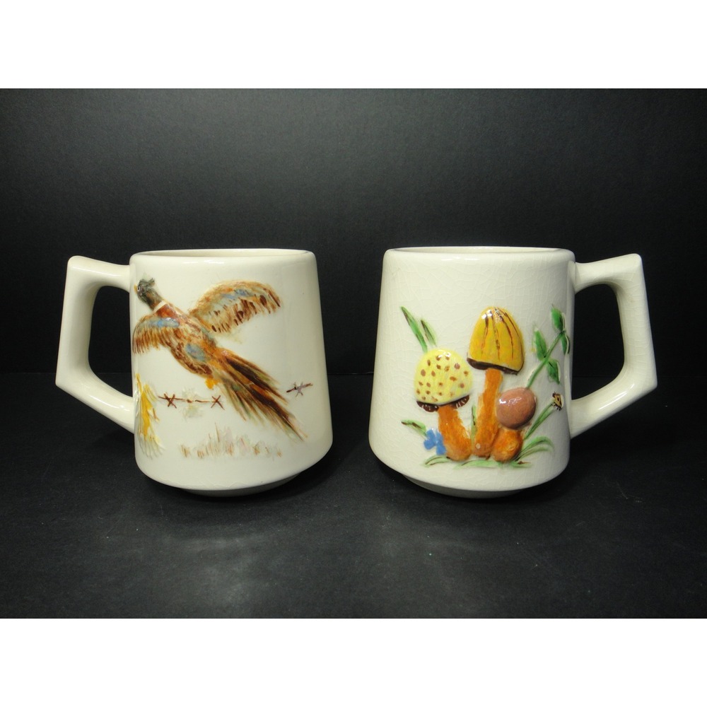 Vintage 3D Relief Nature Mugs Set 2 Pheasant Duck Mushroom Flower Ceramic Cream